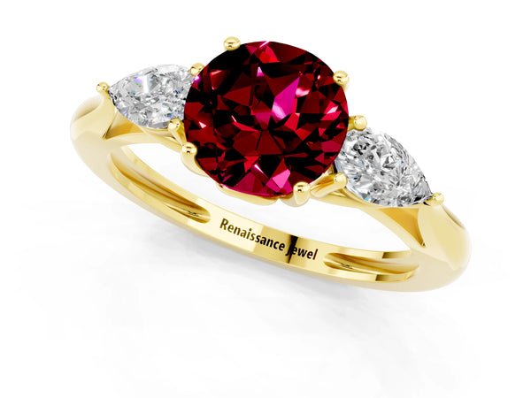 Yellow gold Three-Stone Round Cut Garnet Ring with Pear  Side Stones in Four-Prong Setting