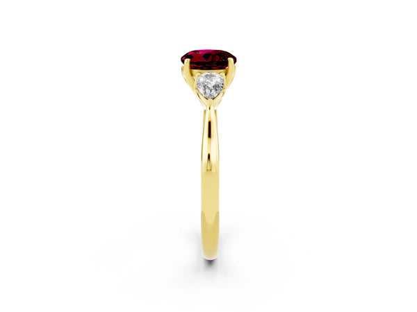 Yellow gold Three-Stone Round Cut Garnet Ring with Pear  Side Stones in Four-Prong Setting
