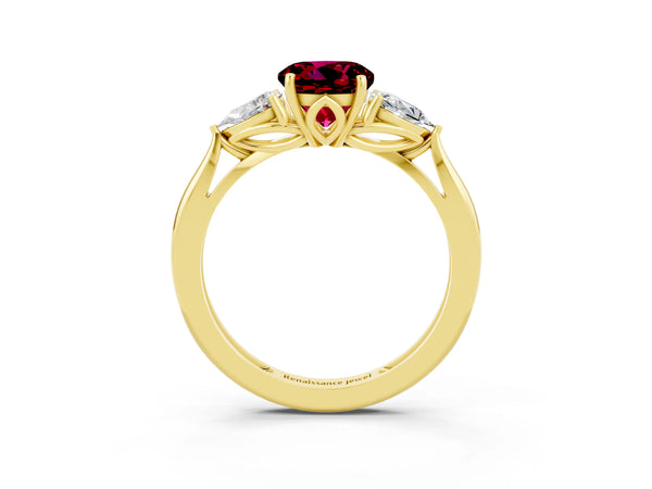 Yellow gold Three-Stone Round Cut Garnet Ring with Pear  Side Stones in Four-Prong Setting