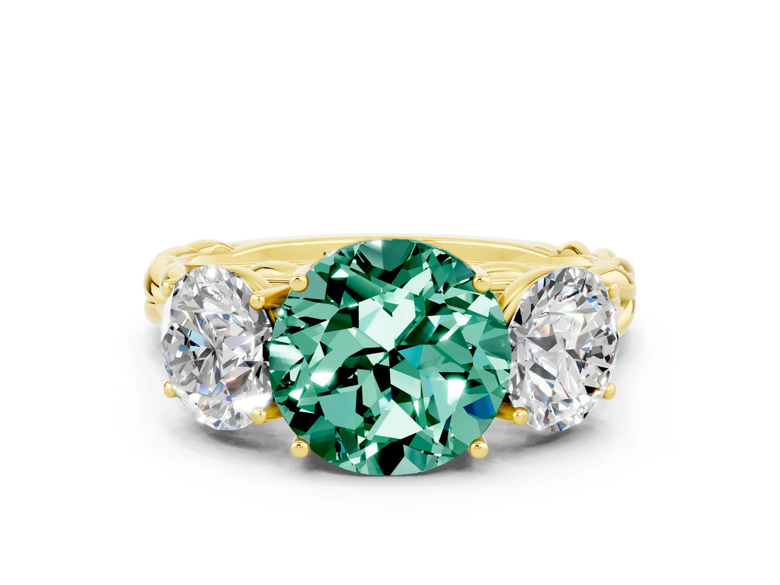 Yellow gold Three-Stone Round Cut Green Sapphire Braided Band Ring with Four-Prong Setting_12