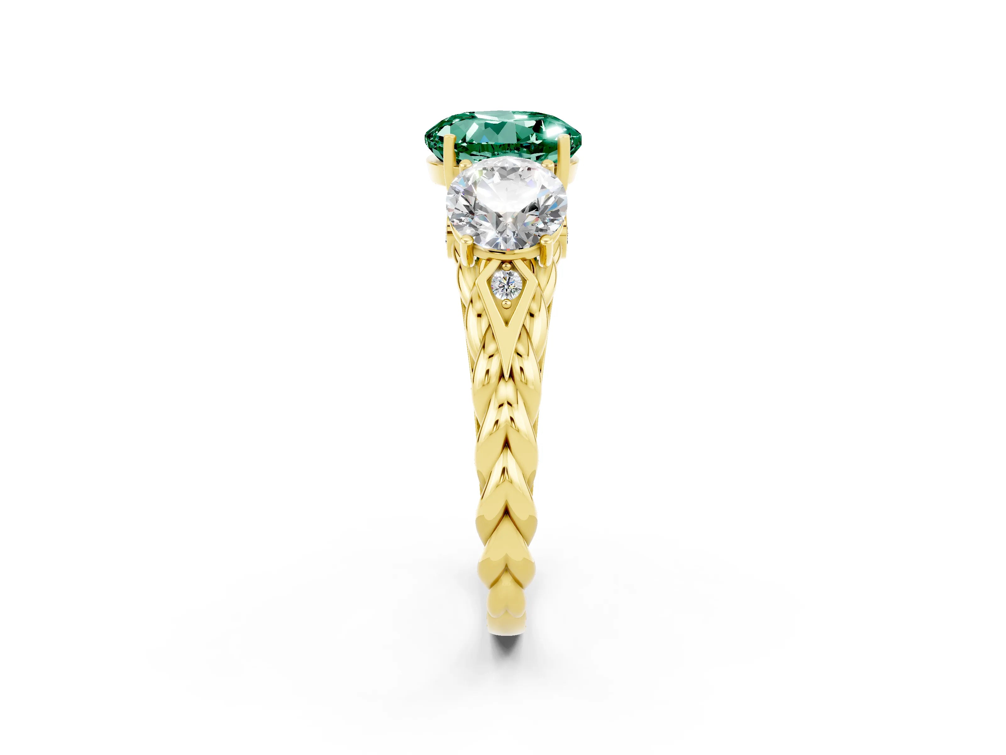 Yellow gold Three-Stone Round Cut Green Sapphire Braided Band Ring with Four-Prong Setting_14