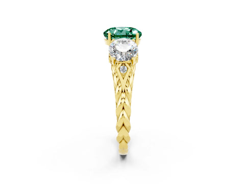 Yellow gold Three-Stone Round Cut Green Sapphire Braided Band Ring with Four-Prong Setting_14