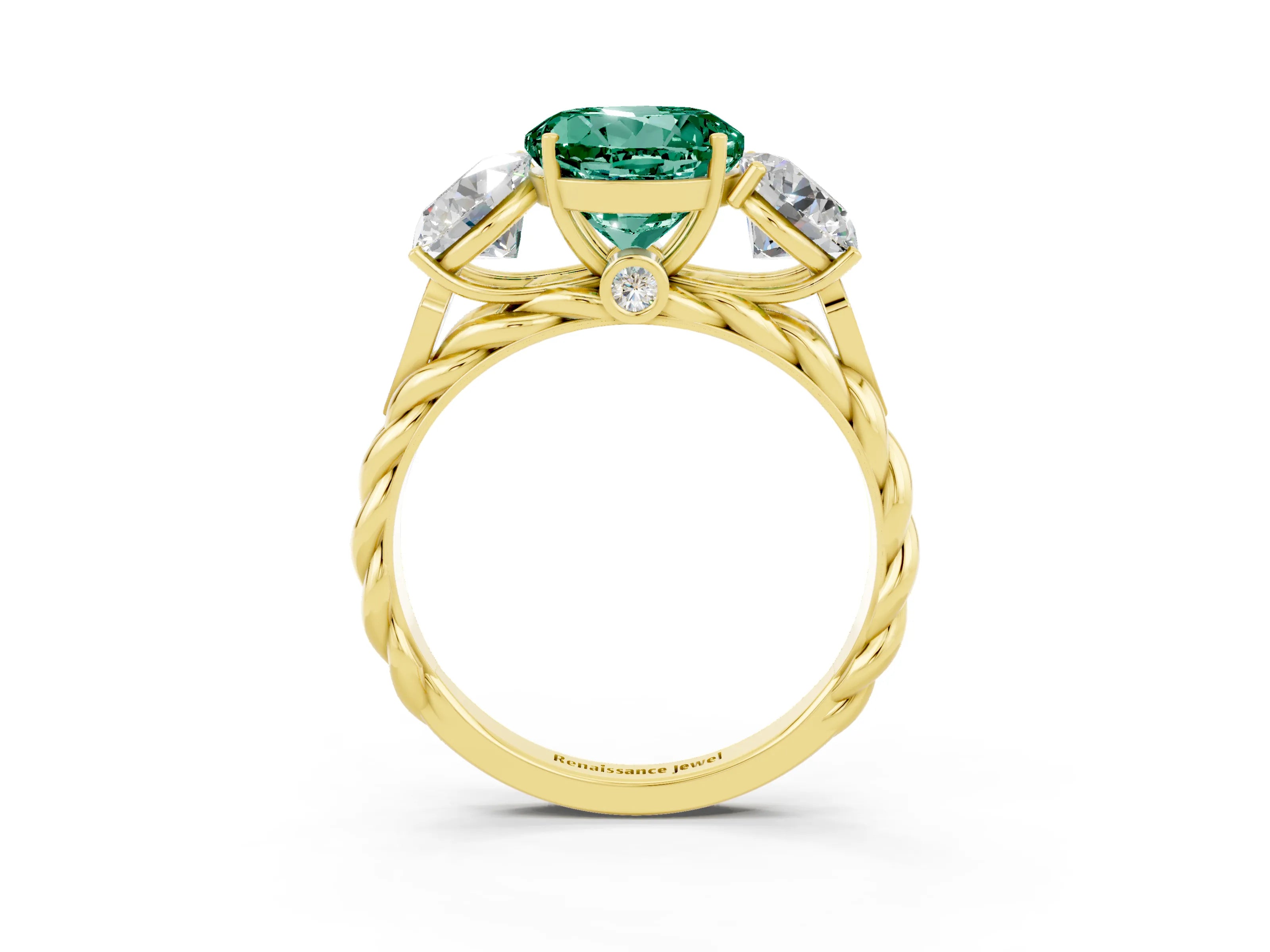 Yellow gold Three-Stone Round Cut Green Sapphire Braided Band Ring with Four-Prong Setting_15