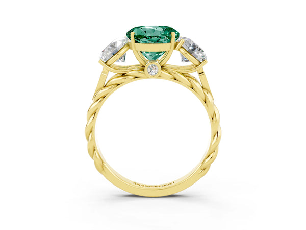 Yellow gold Three-Stone Round Cut Green Sapphire Braided Band Ring with Four-Prong Setting