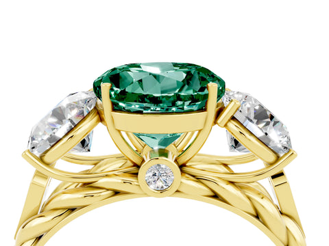 Yellow gold Three-Stone Round Cut Green Sapphire Braided Band Ring with Four-Prong Setting_16