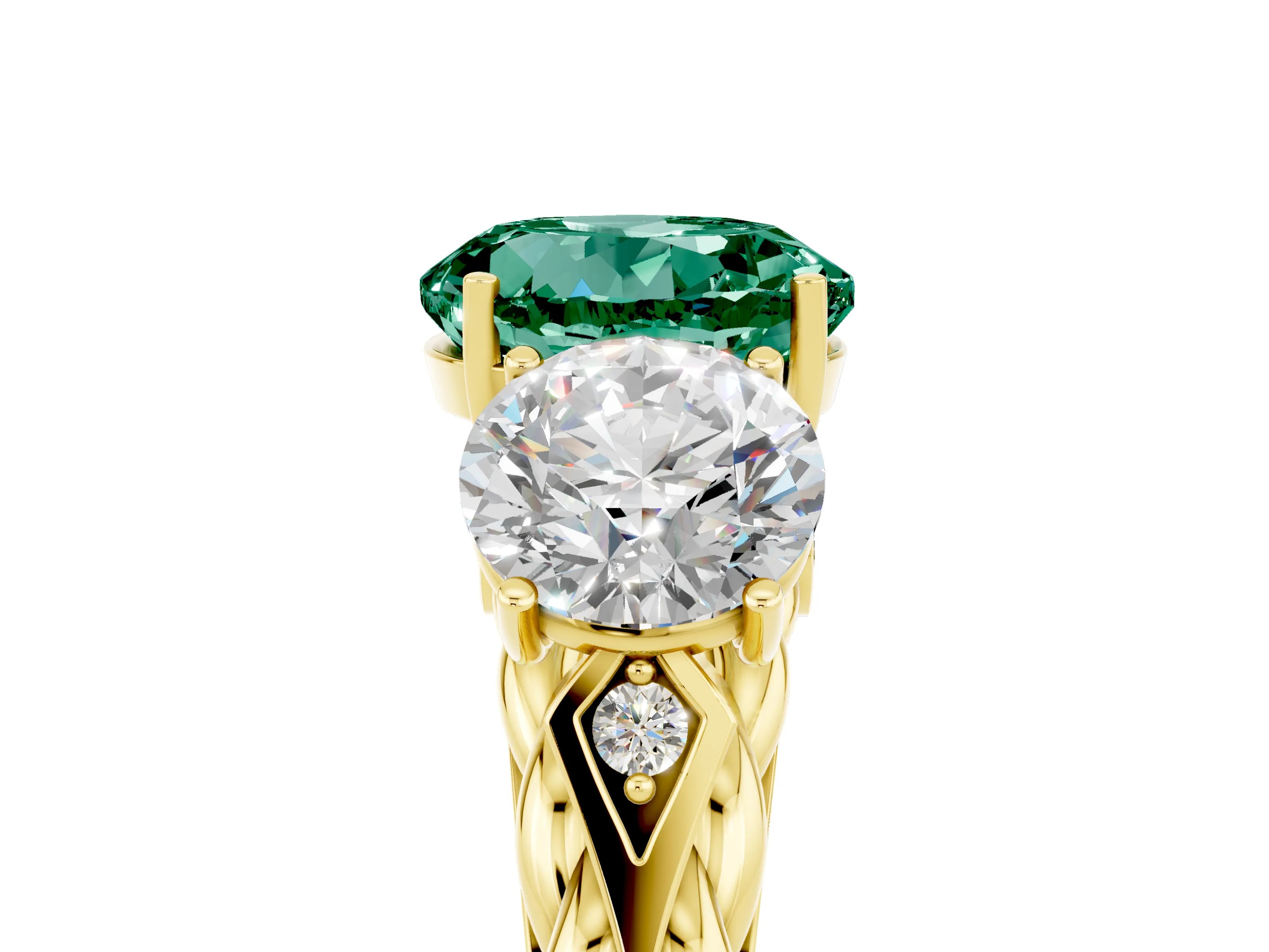 Yellow gold Three-Stone Round Cut Green Sapphire Braided Band Ring with Four-Prong Setting_17