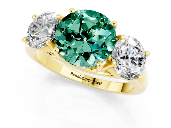 Yellow gold Three-Stone Round Cut Green Sapphire Engagement Ring with Prong Setting