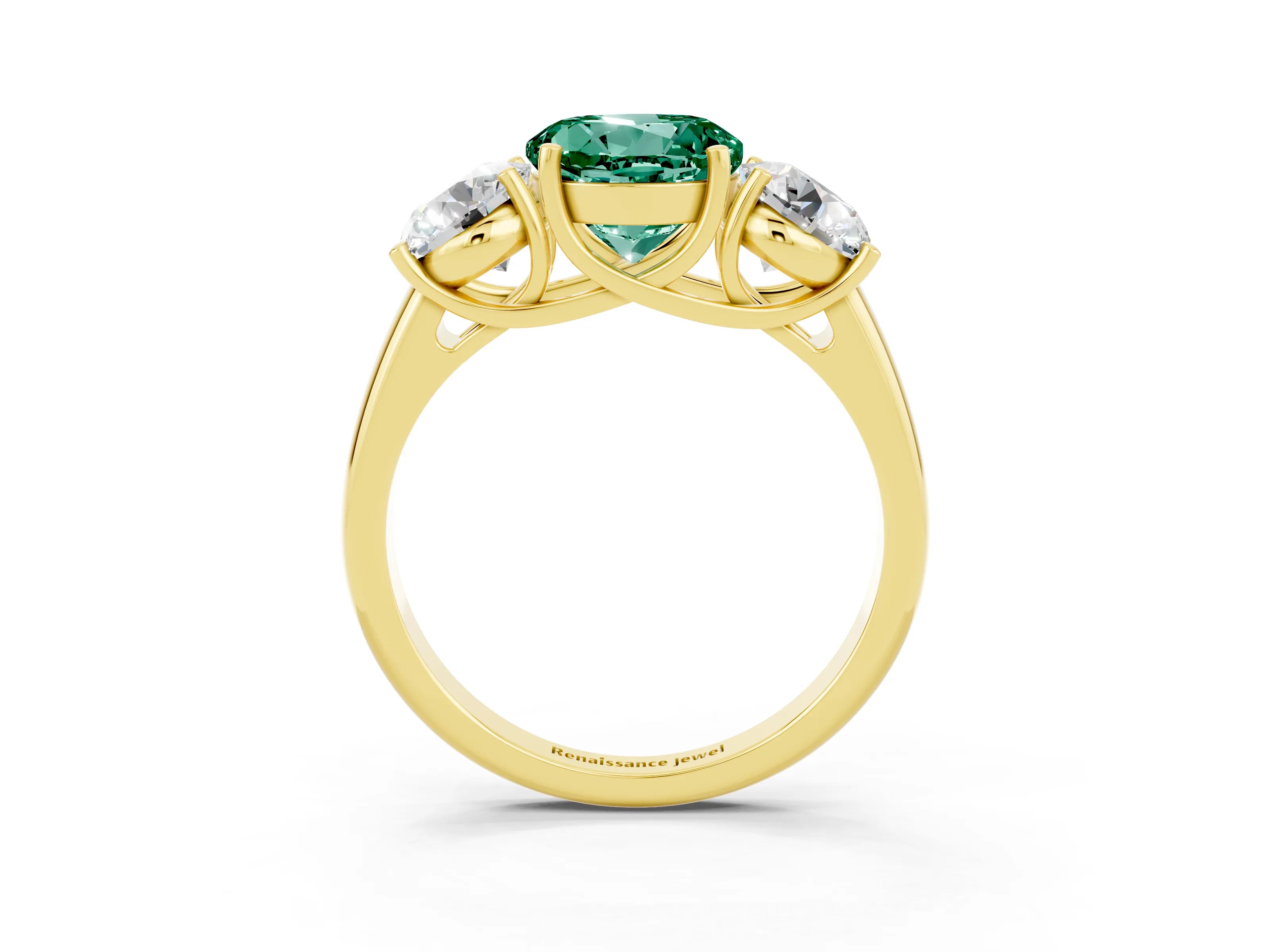 Yellow gold Three-Stone Round Cut Green Sapphire Engagement Ring with Prong Setting_3