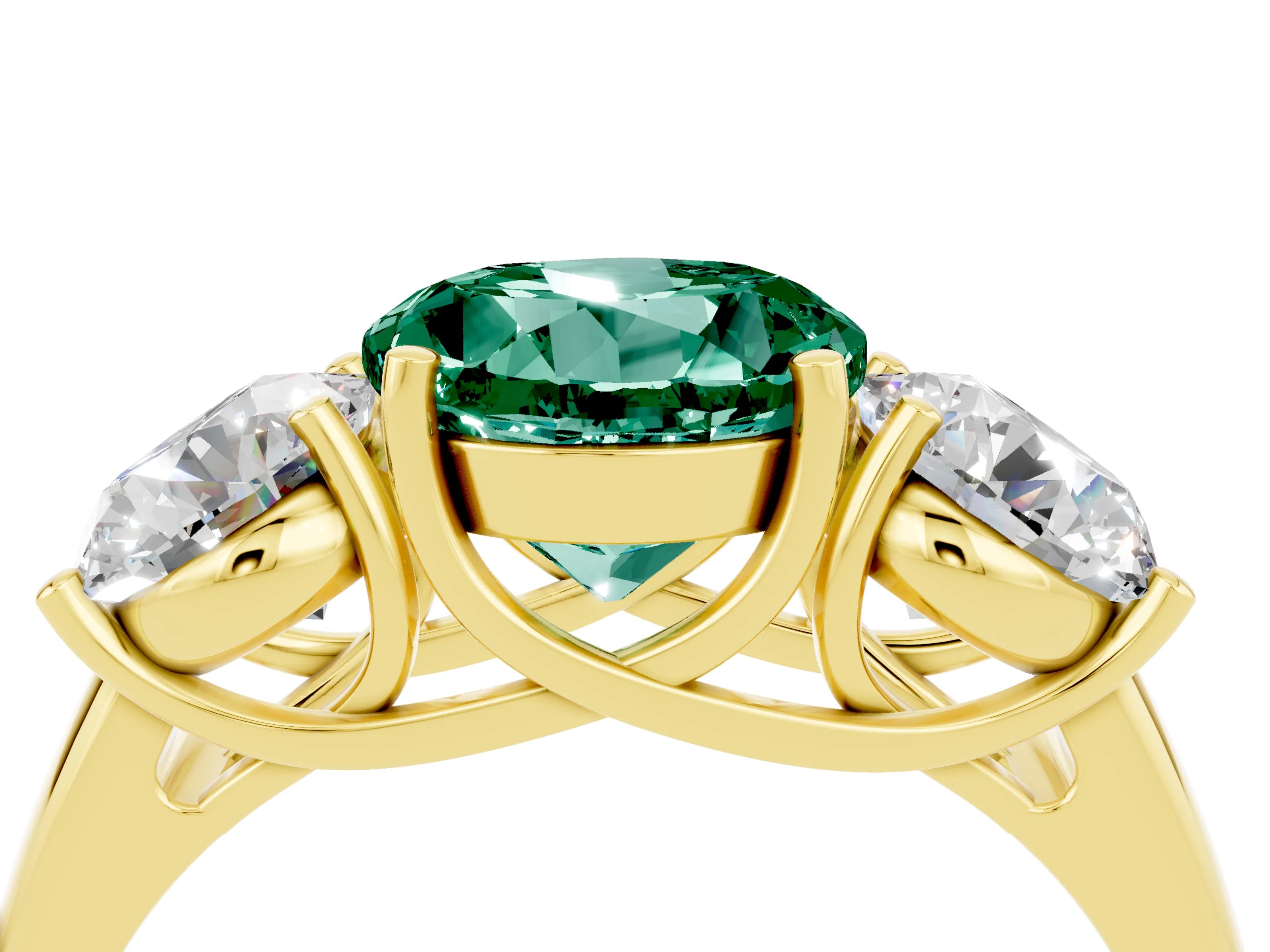 Yellow gold Three-Stone Round Cut Green Sapphire Engagement Ring with Prong Setting_4