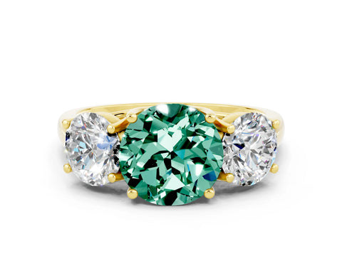 Yellow gold Three-Stone Round Cut Green Sapphire Engagement Ring with Prong Setting