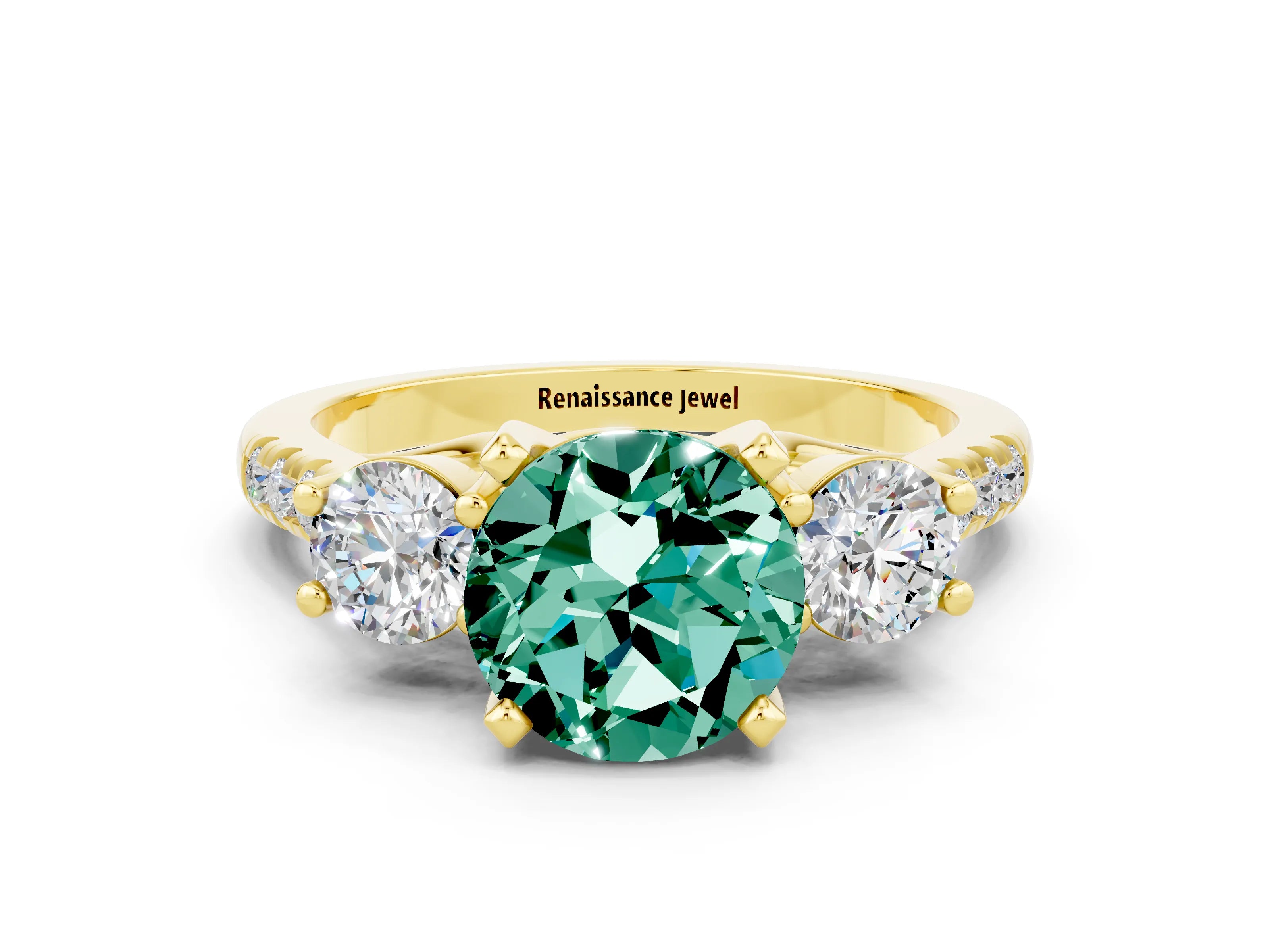Yellow gold Three-Stone Round Cut Green Sapphire Pavé Band with Four-Prong Setting