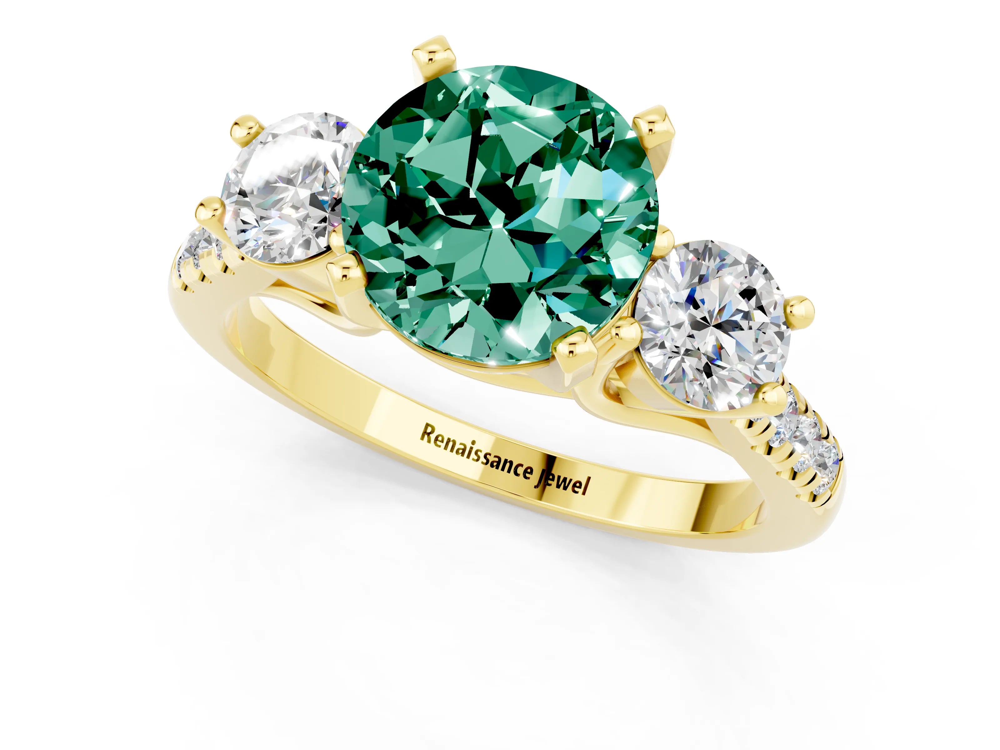 Yellow gold Three-Stone Round Cut Green Sapphire Pavé Band with Four-Prong Setting_1