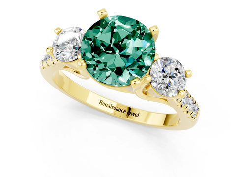 Yellow gold Three-Stone Round Cut Green Sapphire Pavé Band with Four-Prong Setting_1
