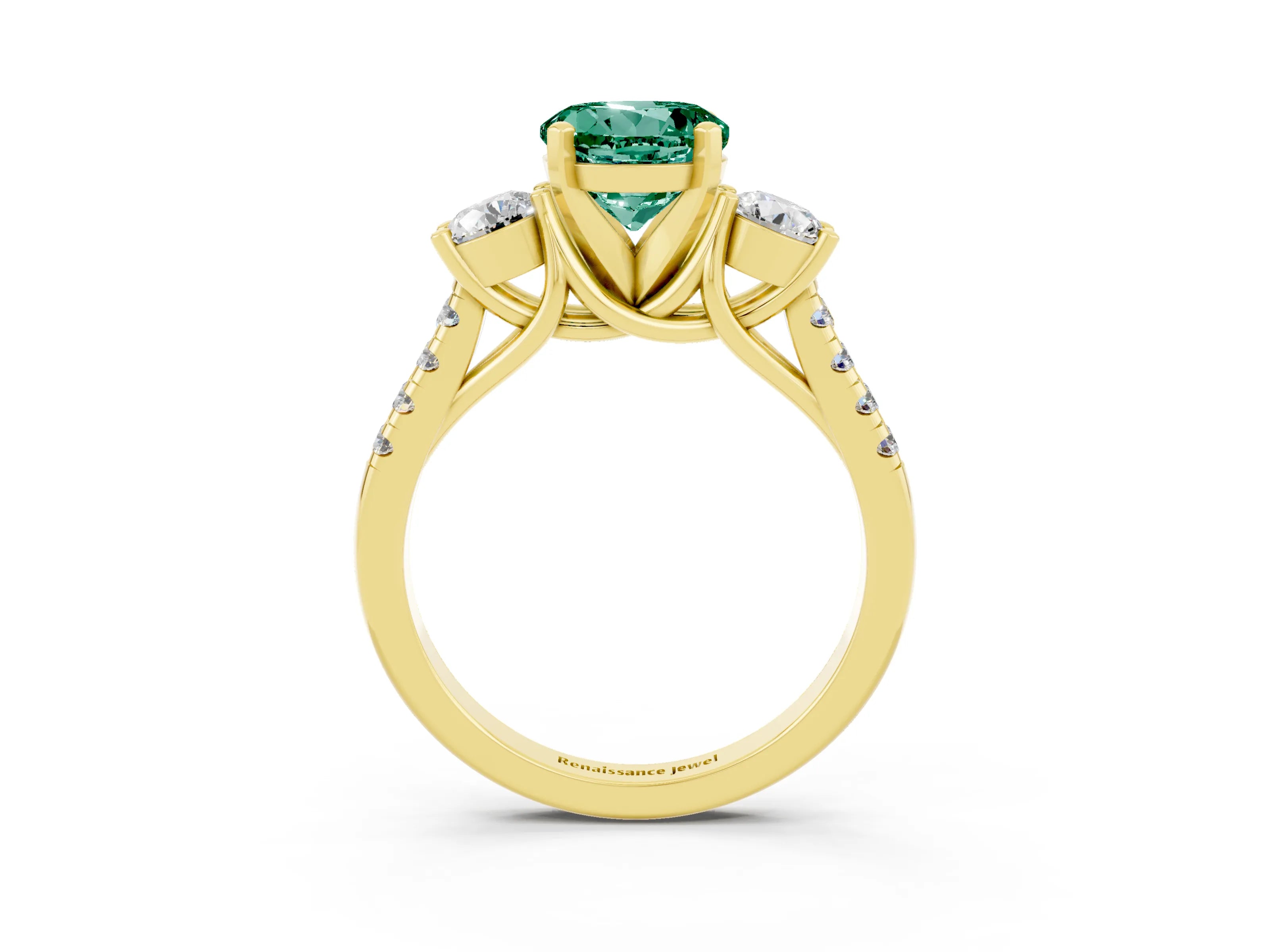 Yellow gold Three-Stone Round Cut Green Sapphire Pavé Band with Four-Prong Setting_3