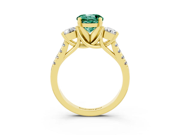Yellow gold Three-Stone Round Cut Green Sapphire Pavé Band with Four-Prong Setting