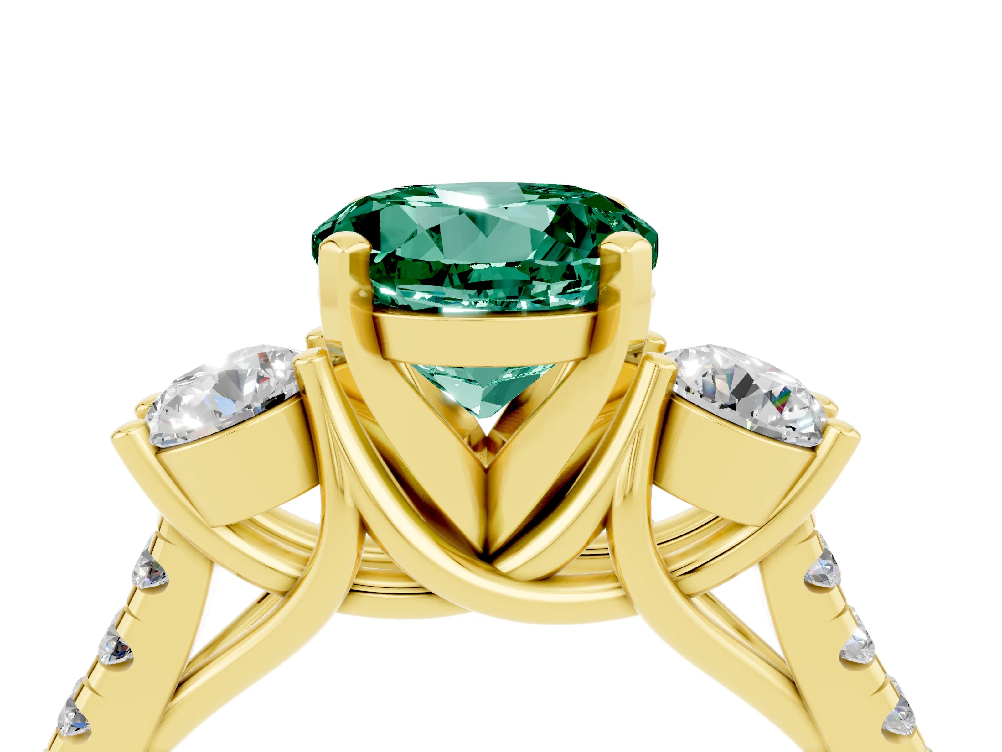 Yellow gold Three-Stone Round Cut Green Sapphire Pavé Band with Four-Prong Setting_4