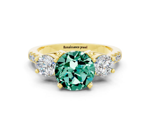 Yellow gold Three-Stone Round Cut Green Sapphire Pavé Band with Four-Prong Setting
