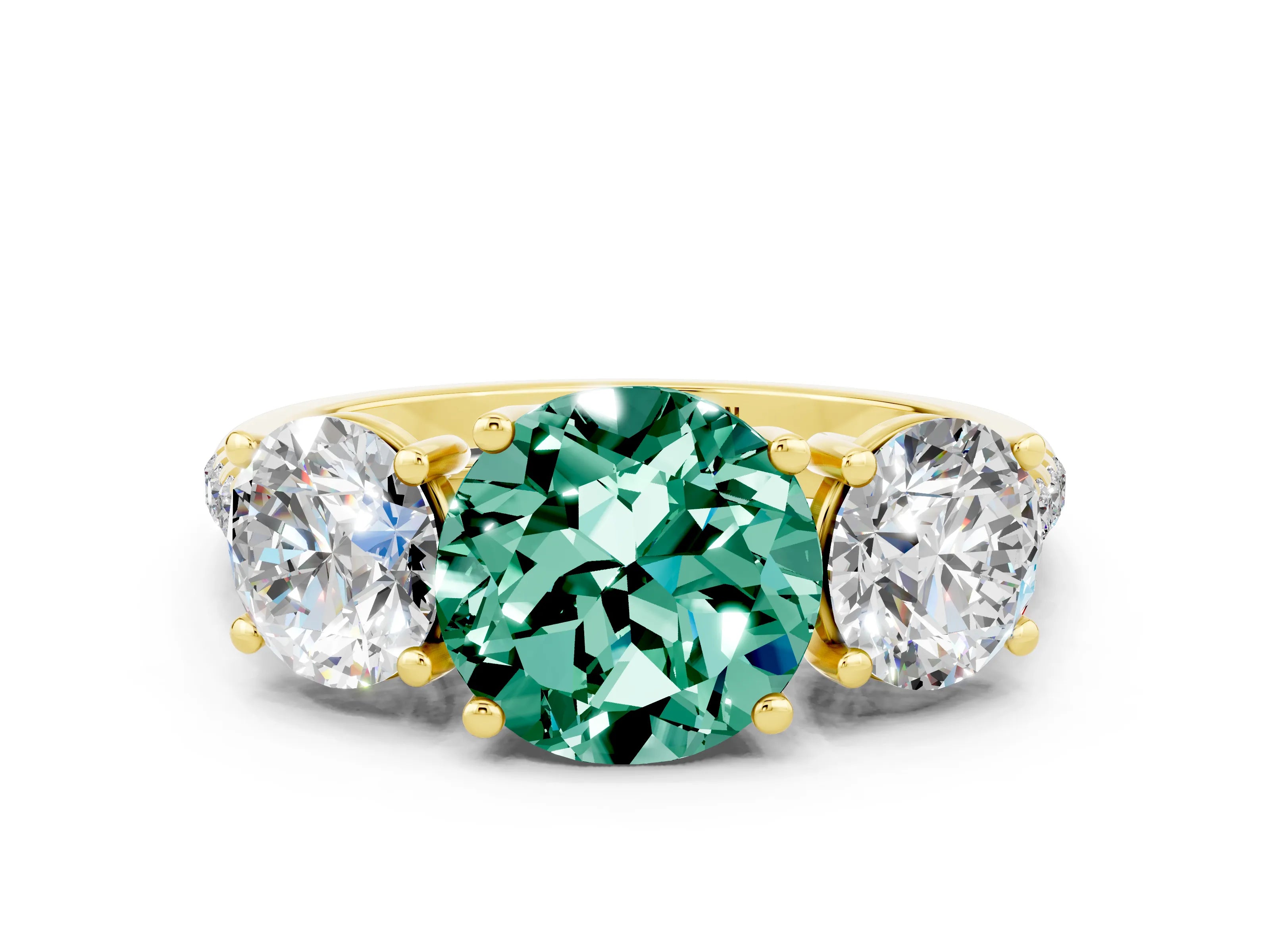 Yellow gold Three-Stone Round Cut Green Sapphire Ring with Pavé Band and Prong Setting_13