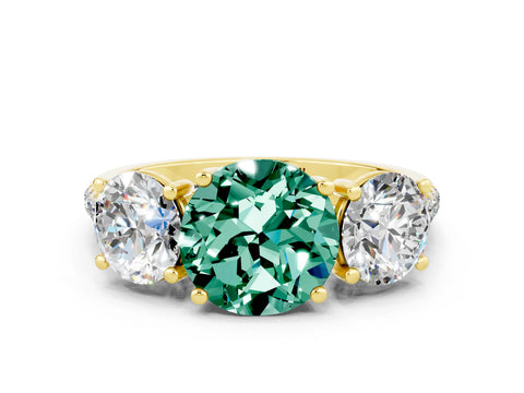 Yellow gold Three-Stone Round Cut Green Sapphire Ring with Pavé Band and Prong Setting_13