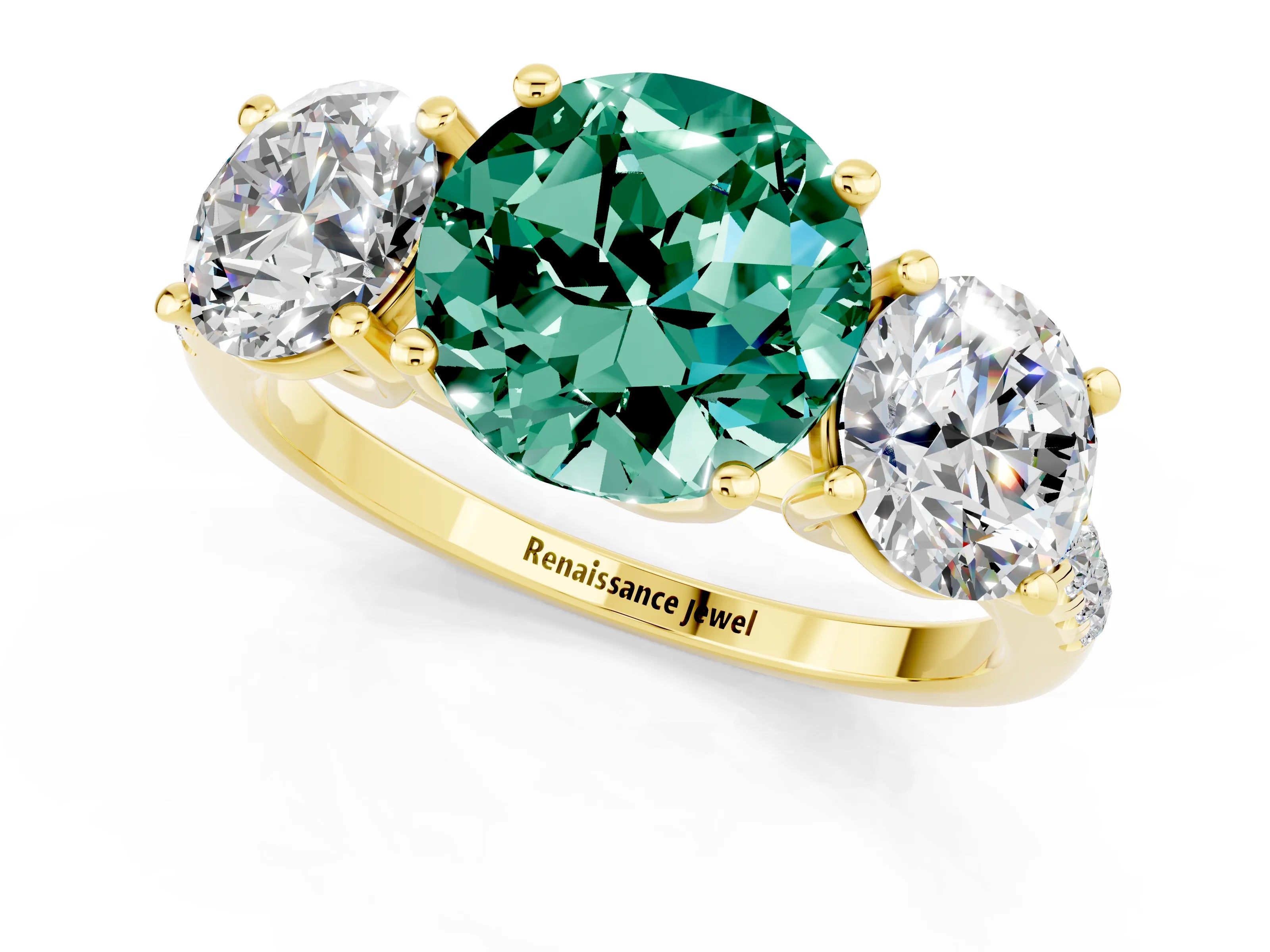 Yellow gold Three-Stone Round Cut Green Sapphire Ring with Pavé Band and Prong Setting_14