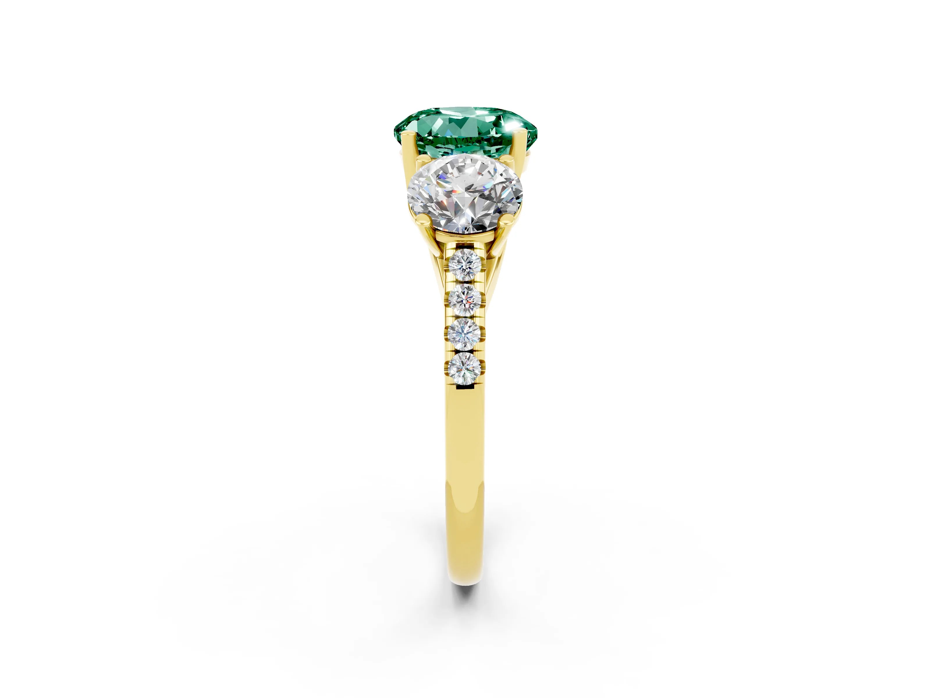 Yellow gold Three-Stone Round Cut Green Sapphire Ring with Pavé Band and Prong Setting_15