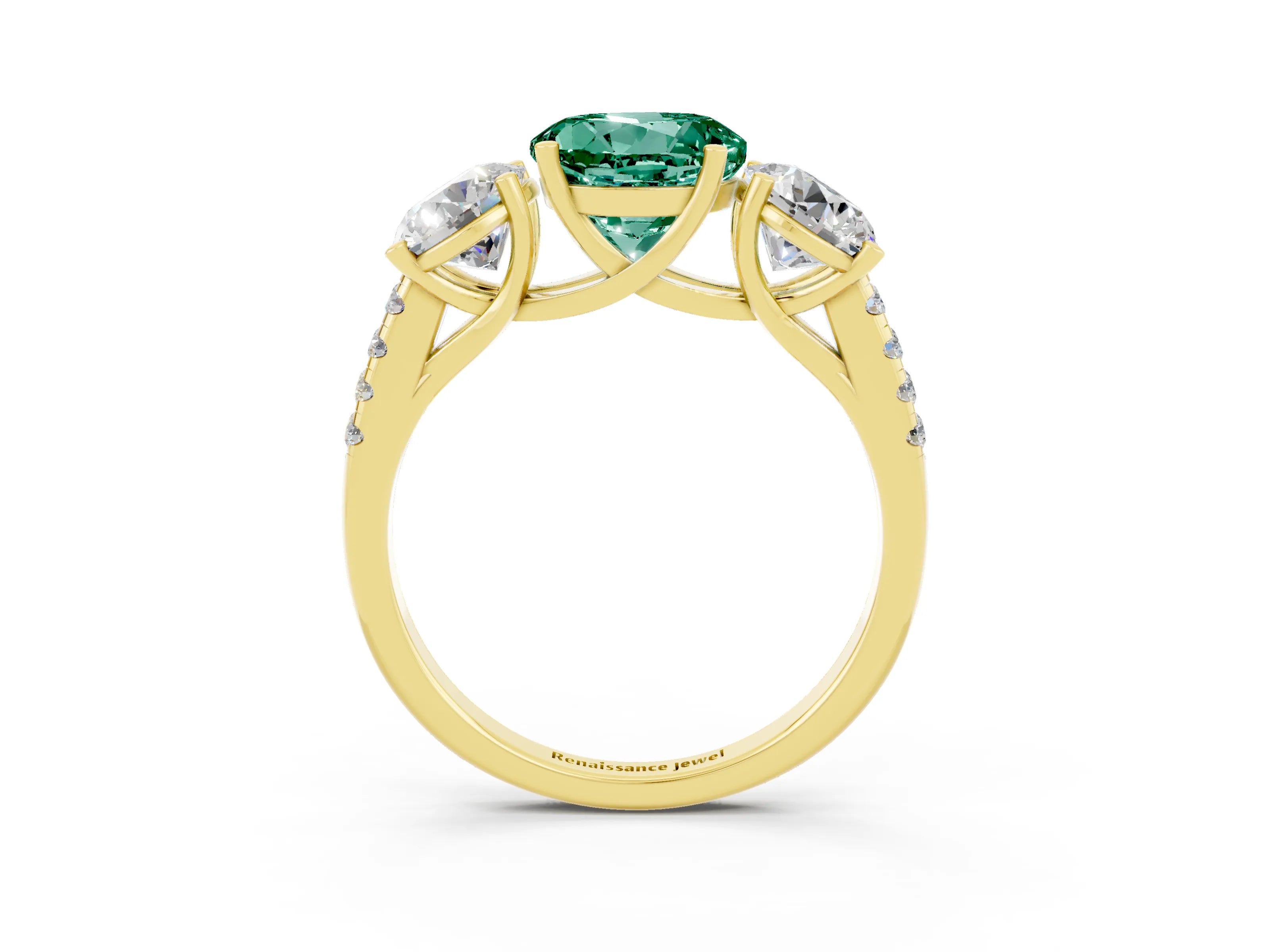 Yellow gold Three-Stone Round Cut Green Sapphire Ring with Pavé Band and Prong Setting_16