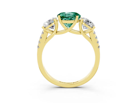 Yellow gold Three-Stone Round Cut Green Sapphire Ring with Pavé Band and Prong Setting_16