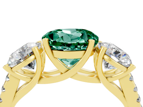 Yellow gold Three-Stone Round Cut Green Sapphire Ring with Pavé Band and Prong Setting_17