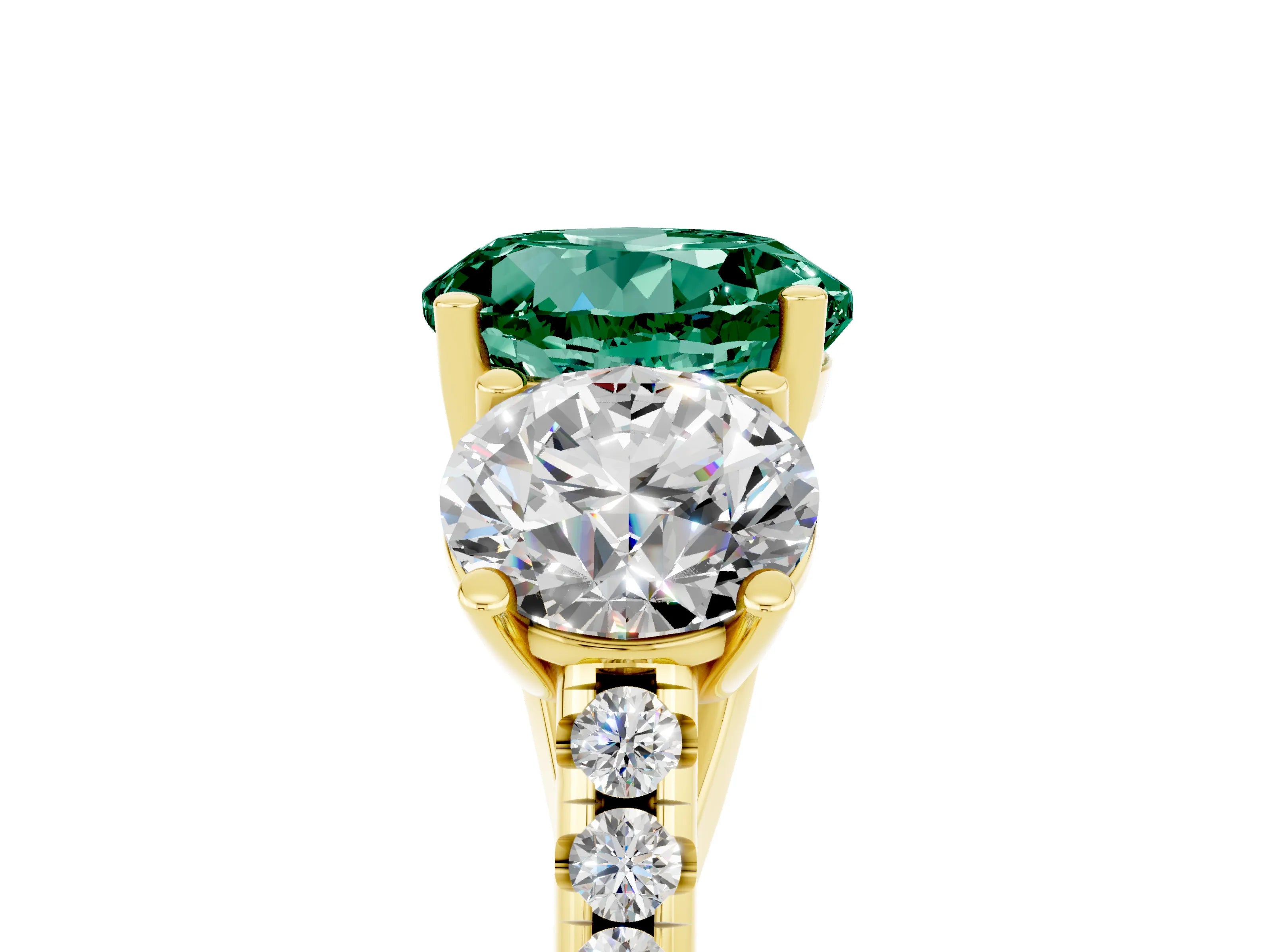 Yellow gold Three-Stone Round Cut Green Sapphire Ring with Pavé Band and Prong Setting_18
