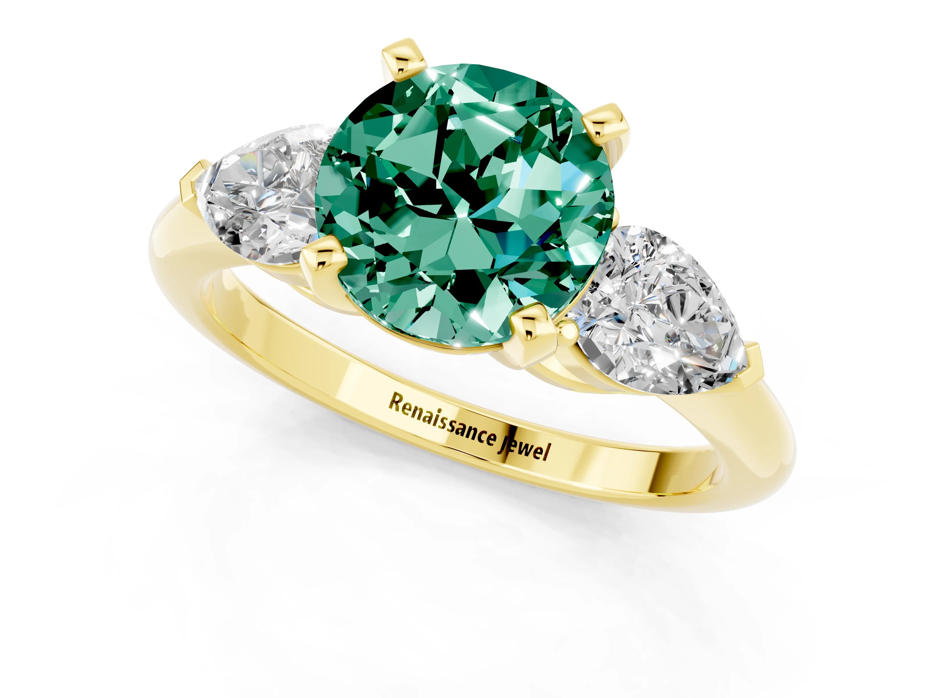 Yellow gold Three-Stone Round Cut Green Sapphire Ring with Pear Side Stones and Four-Prong Setting_1