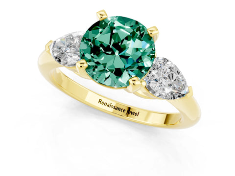 Yellow gold Three-Stone Round Cut Green Sapphire Ring with Pear Side Stones and Four-Prong Setting_1