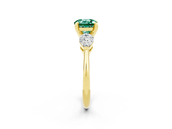 Yellow gold Three-Stone Round Cut Green Sapphire Ring with Pear Side Stones and Four-Prong Setting