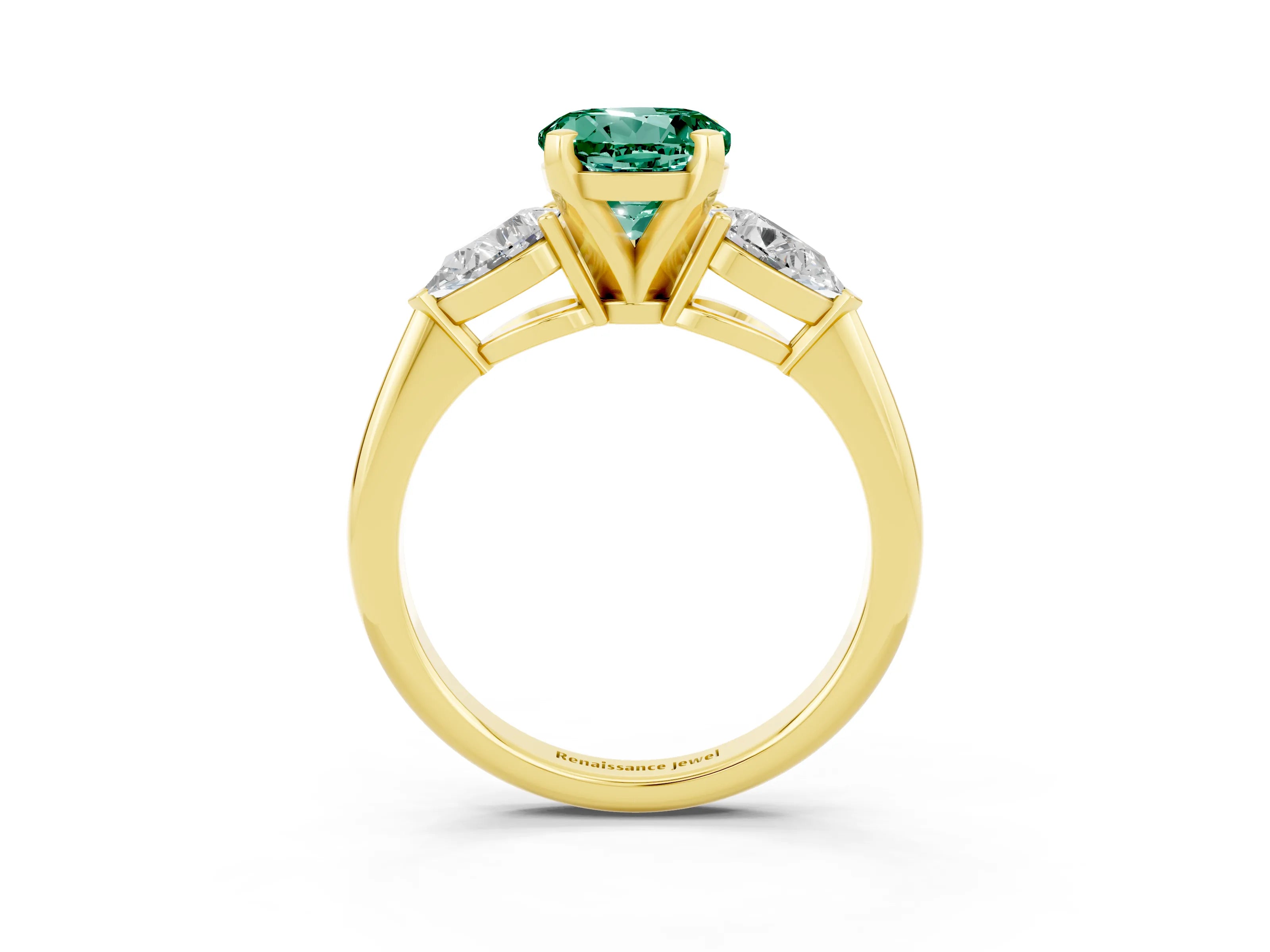 Yellow gold Three-Stone Round Cut Green Sapphire Ring with Pear Side Stones and Four-Prong Setting_3