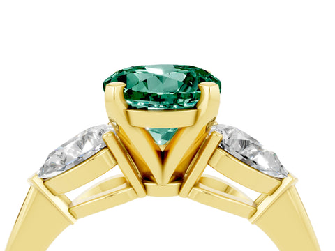 Yellow gold Three-Stone Round Cut Green Sapphire Ring with Pear Side Stones and Four-Prong Setting_4
