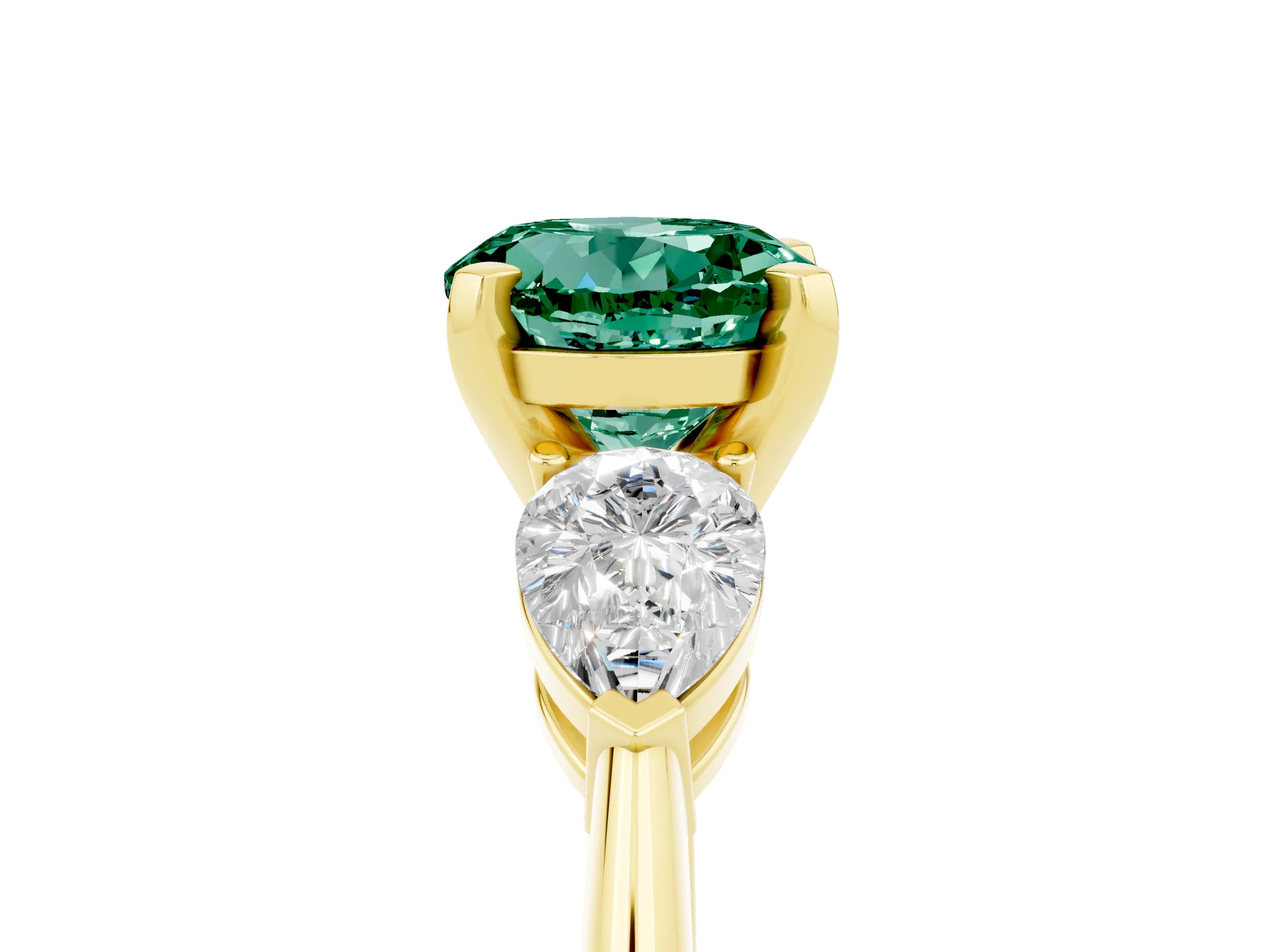 Yellow gold Three-Stone Round Cut Green Sapphire Ring with Pear Side Stones and Four-Prong Setting_5