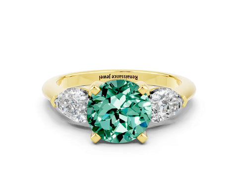 Yellow gold Three-Stone Round Cut Green Sapphire Ring with Pear Side Stones and Four-Prong Setting