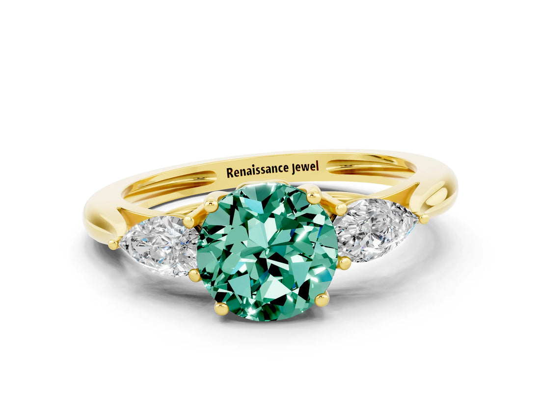 Yellow gold Three-Stone Round Cut Green Sapphire Ring with Pear  Side Stones in Four-Prong Setting_12