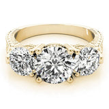 Yellow gold Three-Stone Round Cut Milgrain Band Prong Setting Ring 1