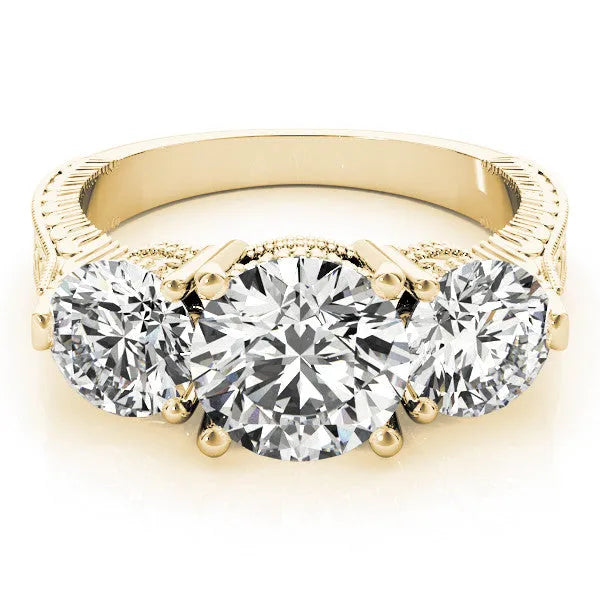 Yellow gold Three-Stone Round Cut Milgrain Band Prong Setting Ring
