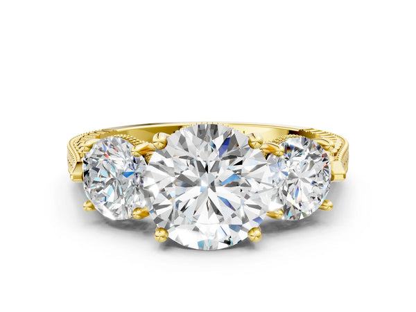 Yellow gold Three-Stone Round Cut Milgrain Band Prong Setting Ring