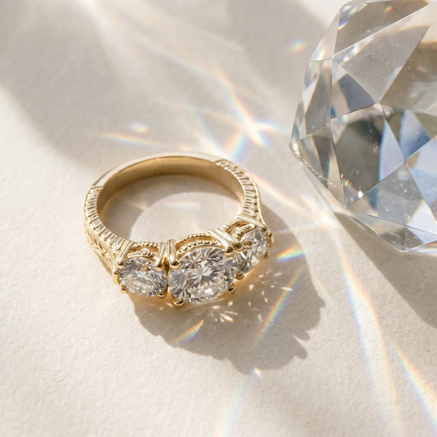Yellow gold Three-Stone Round Cut Milgrain Band Prong Setting Ring