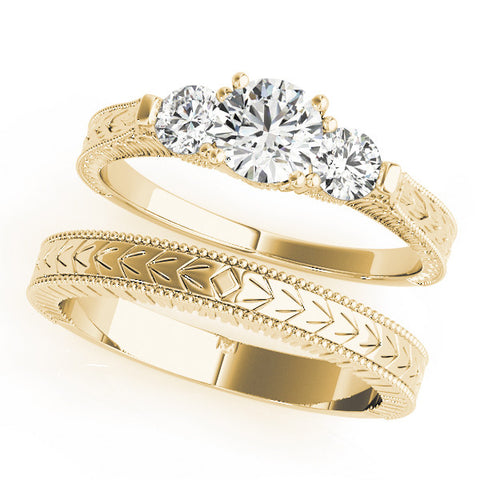 Yellow gold Three-Stone Round Cut Milgrain Band with Prong Setting 1