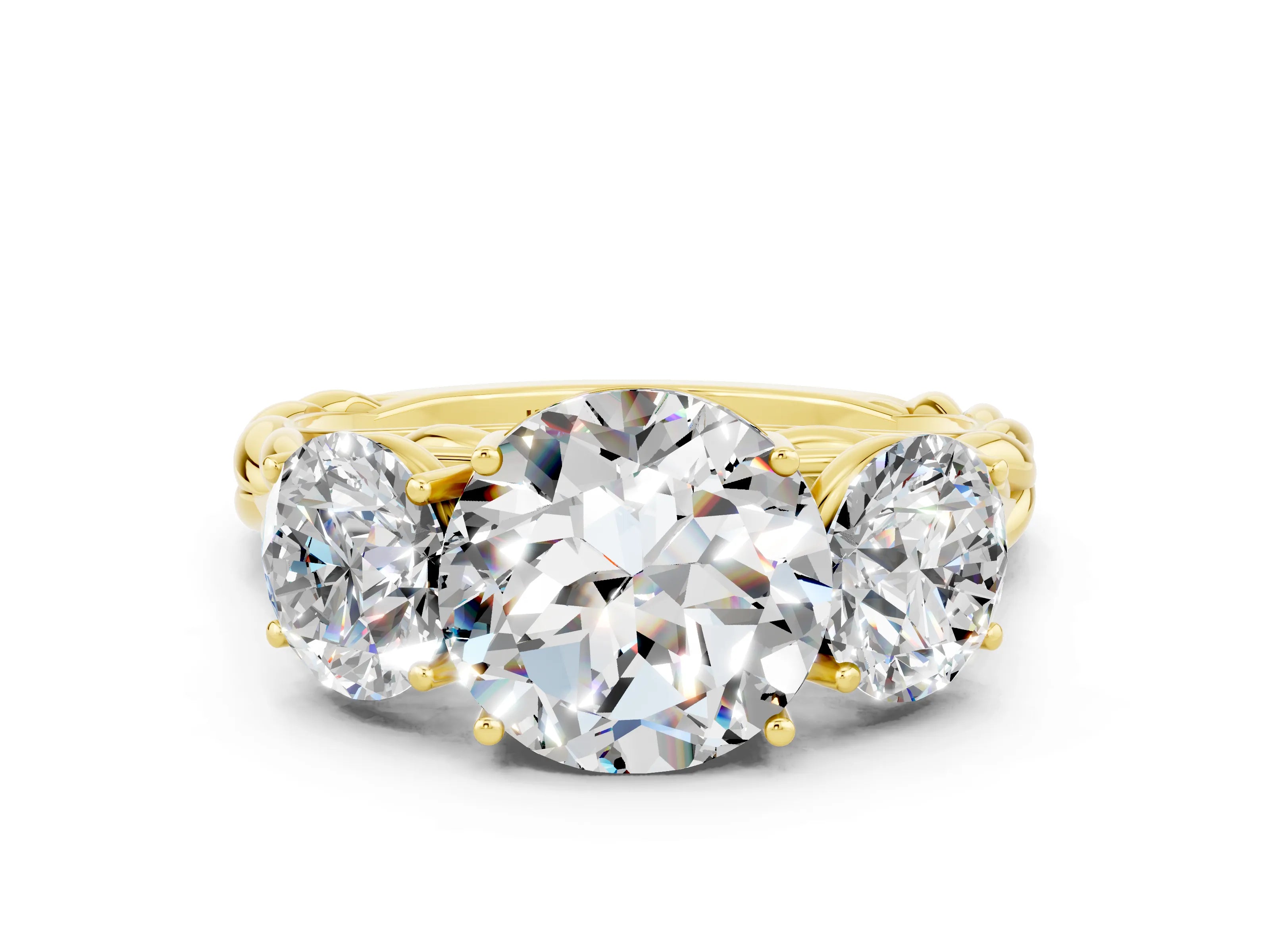 Yellow gold Three-Stone Round Cut Moissanite Braided Band Ring with Four-Prong Setting_12
