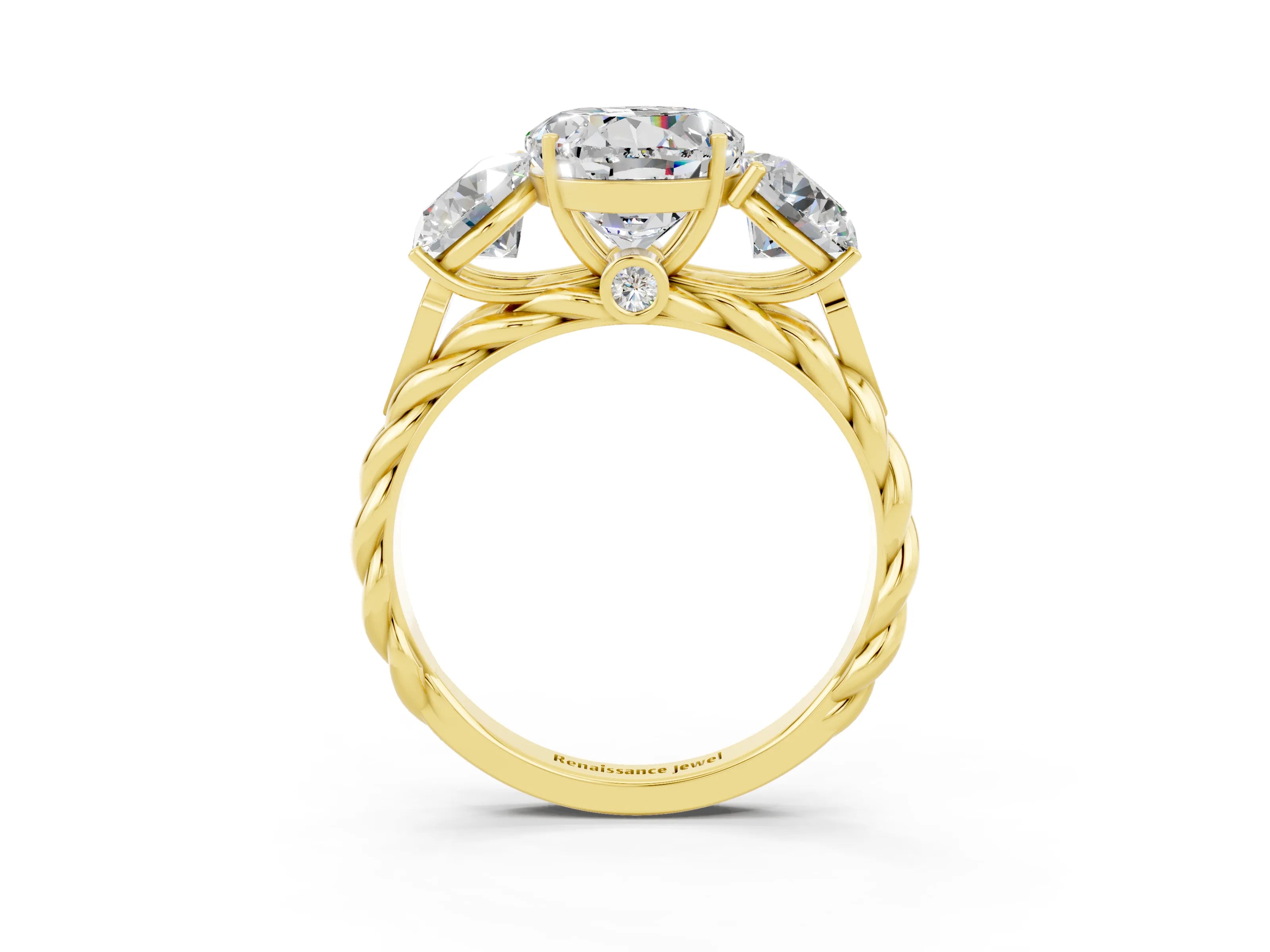 Yellow gold Three-Stone Round Cut Moissanite Braided Band Ring with Four-Prong Setting_15