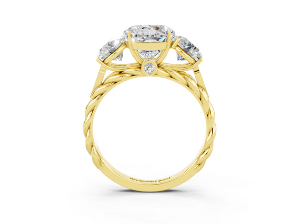 Yellow gold Three-Stone Round Cut Moissanite Braided Band Ring with Four-Prong Setting