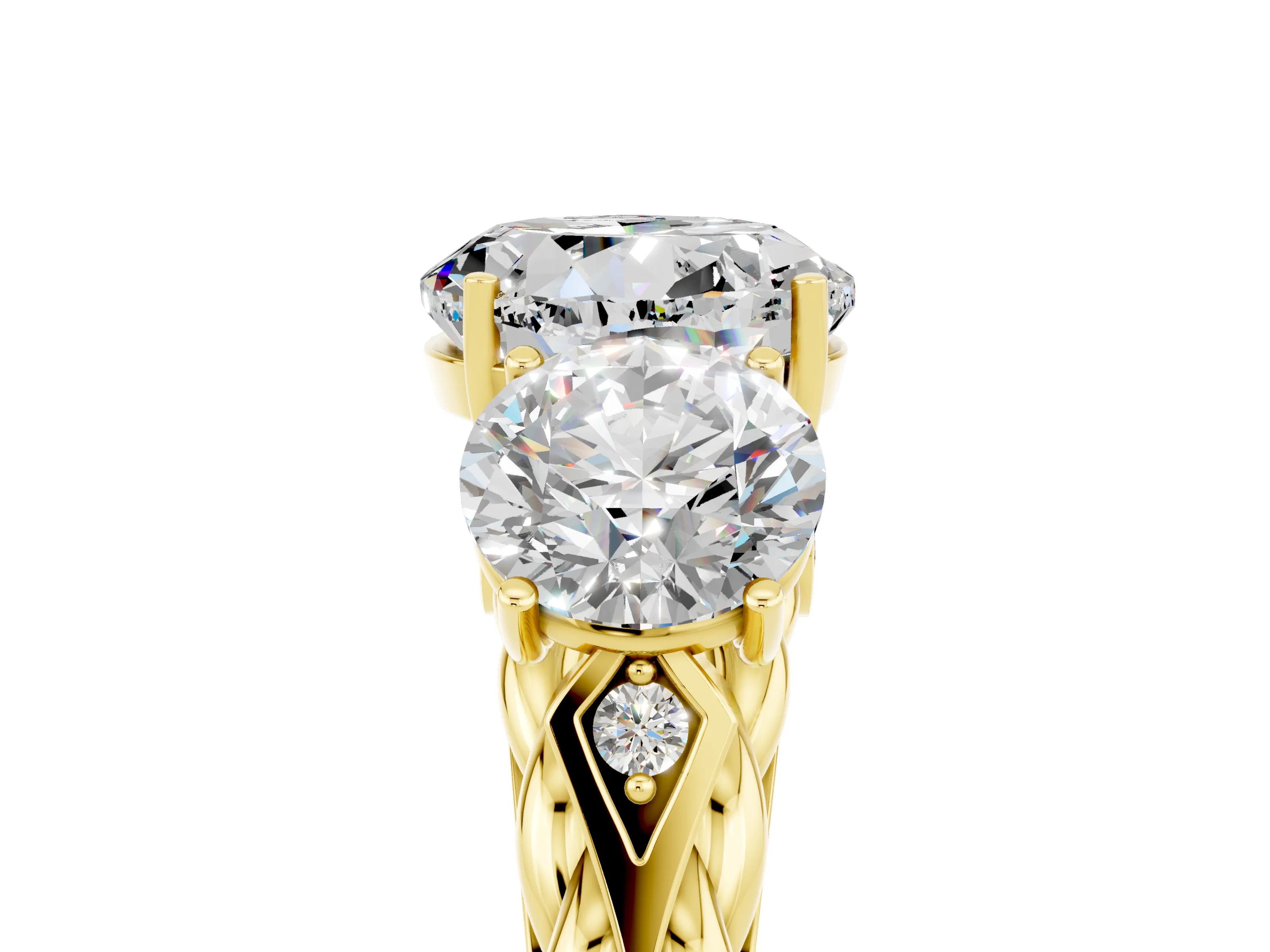 Yellow gold Three-Stone Round Cut Moissanite Braided Band Ring with Four-Prong Setting_17