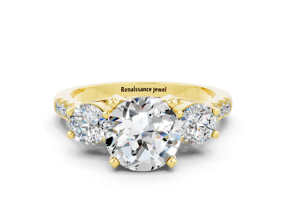 Yellow gold Three-Stone Round Cut Moissanite Pavé Band with Four-Prong Setting