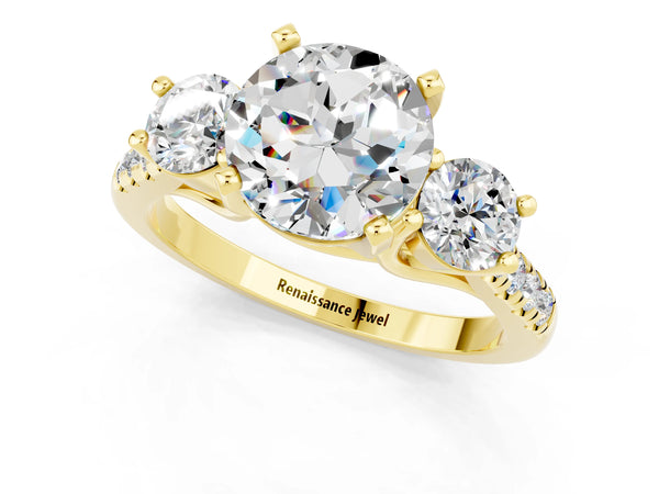 Yellow gold Three-Stone Round Cut Moissanite Pavé Band with Four-Prong Setting