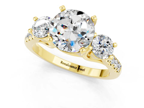 Yellow gold Three-Stone Round Cut Moissanite Pavé Band with Four-Prong Setting_1
