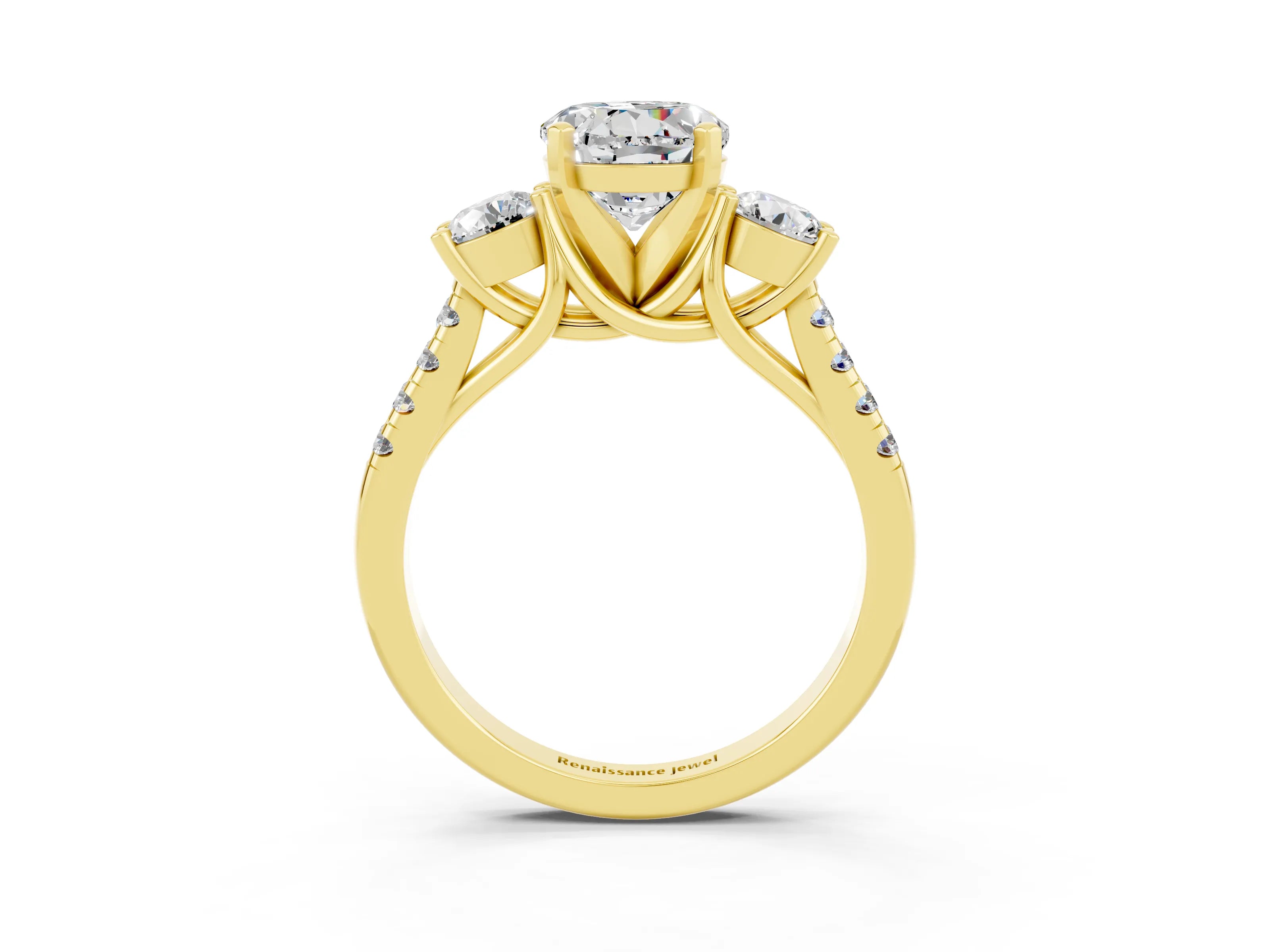 Yellow gold Three-Stone Round Cut Moissanite Pavé Band with Four-Prong Setting_3